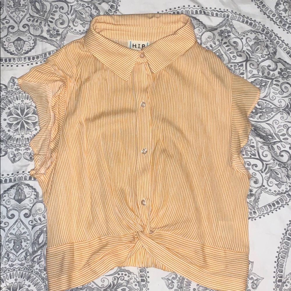 Yellow Striped Button Up Collar Crop Top